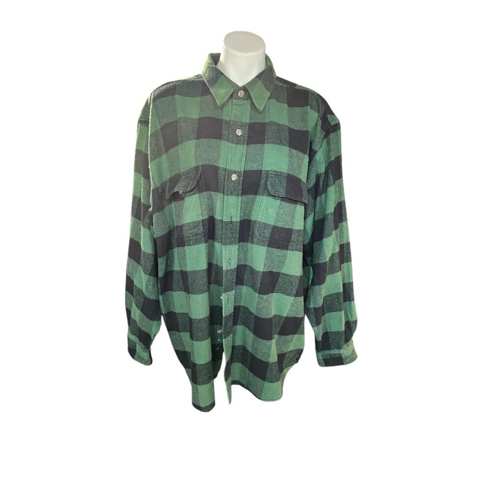 Field & Stream Mens FlannelShirt 2XL Green & Black Buffalo Plaid Heavy Duty Flan